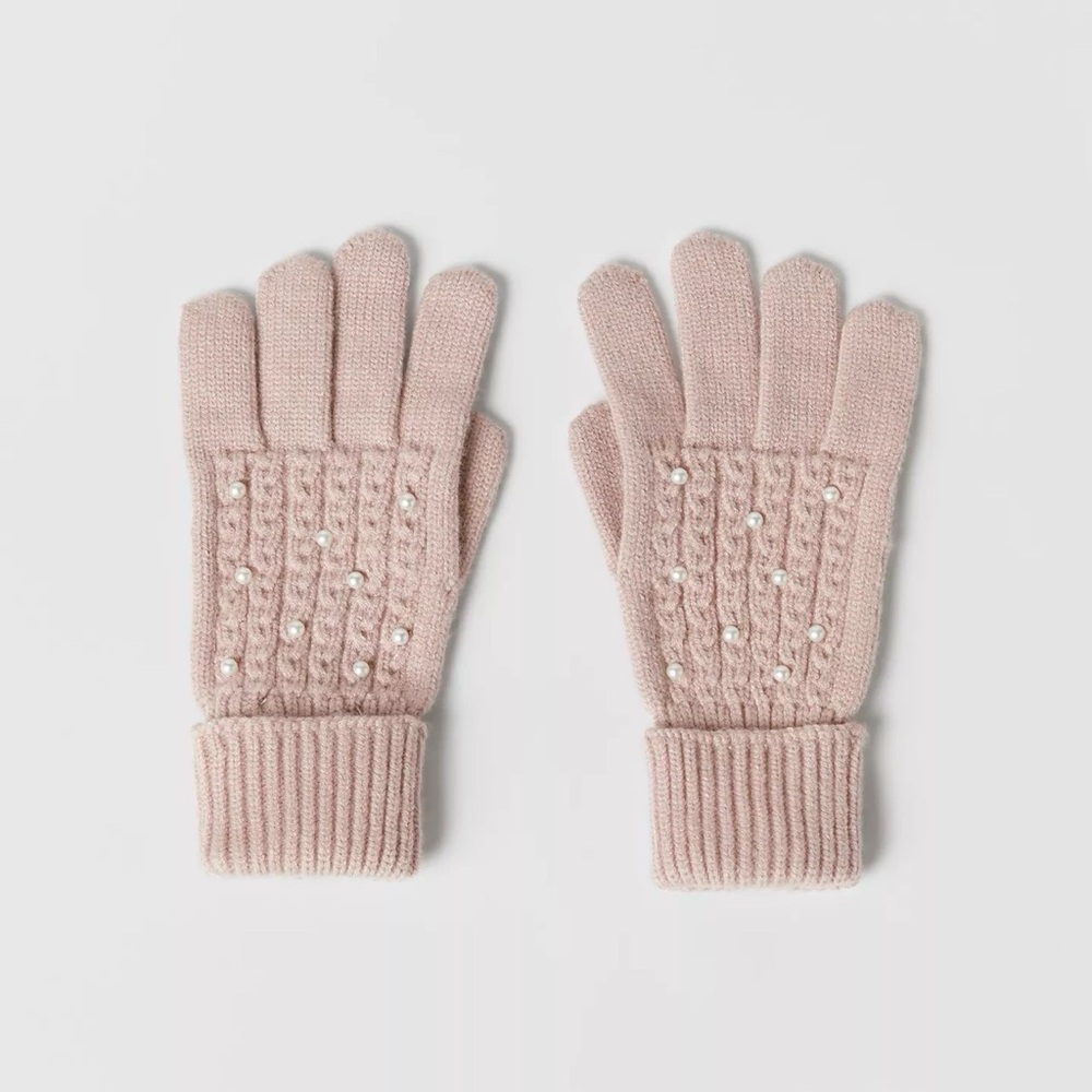 Blush Pink Knit Gloves with Pearl-Like Beads | Youth/Small Adult Fit